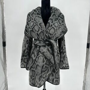 Diane‎ Von Furstenberg Leopard Print Wrap Coat Hooded Leather Trim XS Authentic
